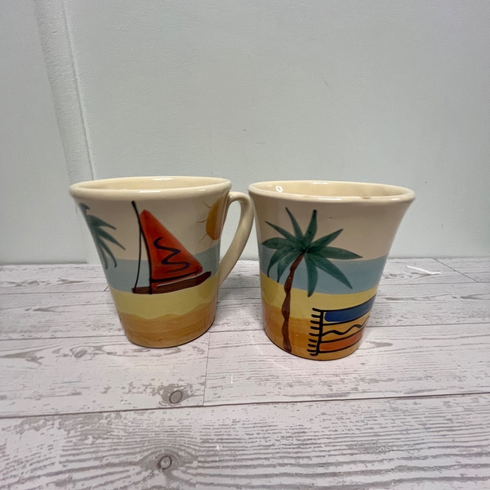 Pier 1 Hand Painted Italy Beach Scene Mugs Set of 2 Sailboat Palm Tree Coastal